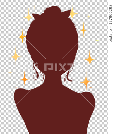 戴著髮帶和髮髻的女人,雙手放在臉頰上,輪廓分明,閃閃發光 戴著髮帶和髮髻的女人,雙手放在臉頰上,輪廓分明,閃閃發光 127966298