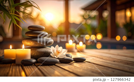 Tranquil spa still life with candles, zen stones, white lotus 127966342