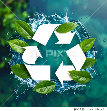 Green arrows form a recycling symbol on a vibrant eco-friendly background, signifying environmental conservation and a clean earth 127966374