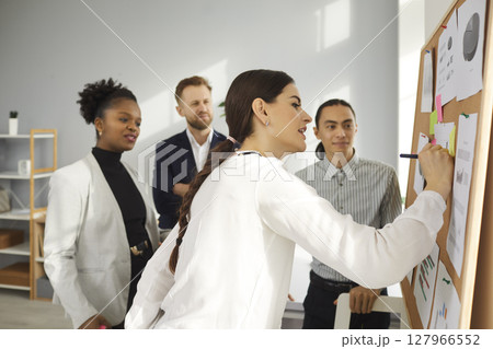 Group of young multiracial company employees brainstorming ideas in corporate meeting Group of young multiracial company employees brainstorming ideas in corporate meeting 127966552