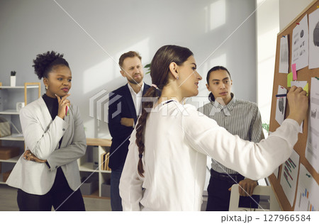 Team of young multiethnic company employees brainstorming ideas in group meeting 127966584
