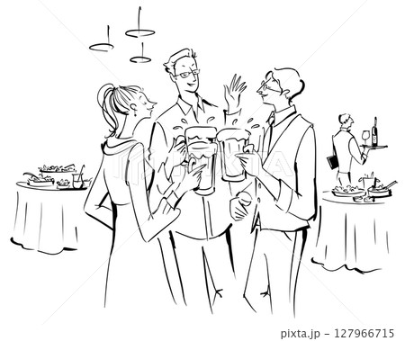 立食パーティでビールで乾杯する男女のイラスト 127966715