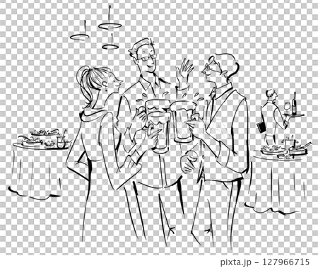 立食パーティでビールで乾杯する男女のイラスト 127966715