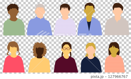 Young people from various countries, front upper body icon set of 10 people, no facial expression Young people from various countries, front upper body icon set of 10 people, no facial expression 127966767