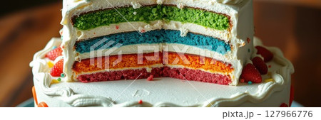 Colorful layered cake with vibrant icing and fruit decorations showcased on a wooden table 127966776