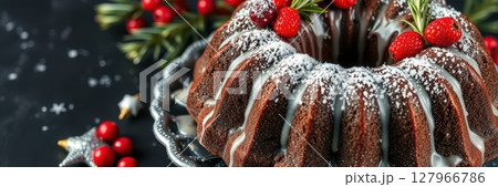 Festive chocolate bundt cake decorated with berries and icing on a dark table setting 127966786