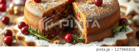 Festive cake decorated with cranberries and rosemary on a wooden table during winter celebration 127966816