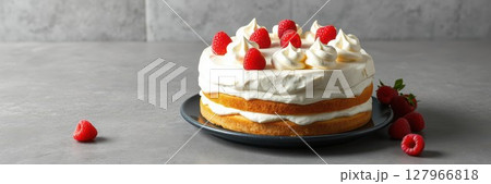 Delicious cream cake topped with fresh raspberries on a black plate 127966818