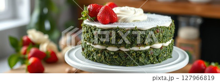 Green spinach cake with fresh strawberries and cream on a white plate in a cozy kitchen setting 127966819