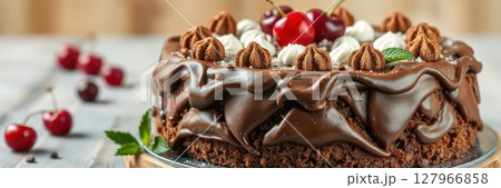 Chocolate cake topped with cherries and cream served on a wooden table 127966858
