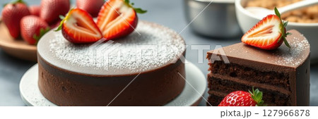 Delicious chocolate cake adorned with fresh strawberries and powdered sugar on a rustic table Delicious chocolate cake adorned with fresh strawberries and powdered sugar on a rustic table 127966878