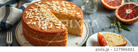 Delicious almond cake topped with sliced almonds and blood oranges on a gray table 127966881