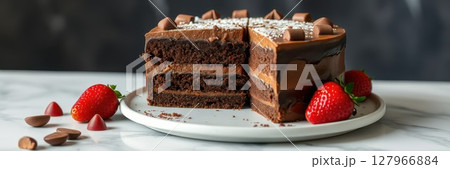 Delightful chocolate cake served with fresh strawberries on a white plate with decorative toppings 127966884