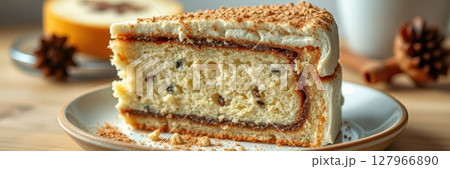 Delicious layered cake with creamy frosting and nut topping served on a rustic table in a cozy setting 127966890