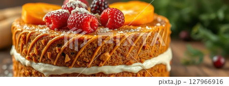 Delicious homemade cake decorated with fresh fruits and cream on a wooden table at a cozy kitchen 127966916