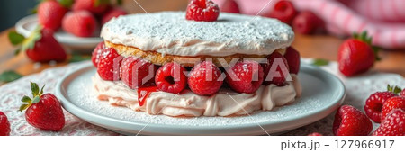 Delicious raspberry dessert served on a white plate with fresh berries around it 127966917