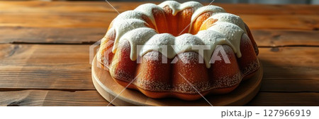 Delicious bundt cake topped with icing placed on a wooden table in a cozy setting 127966919
