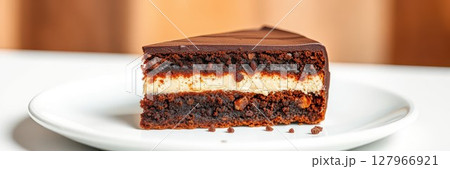 Delicious chocolate cake slice showcasing rich layers and creamy filling 127966921