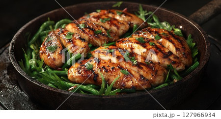 Grilled chicken breast served on a bed of fresh green beans in a skillet 127966934