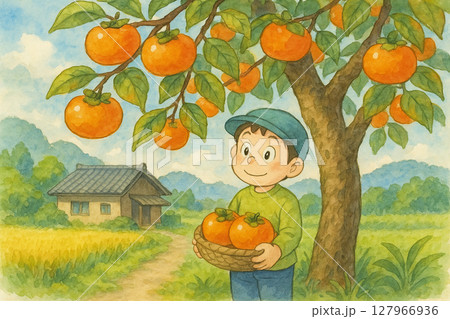 柿狩りをする農家の水彩イラスト 127966936