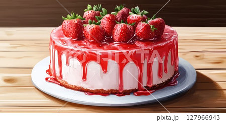 Strawberry cake with creamy frosting and fresh berries presented on a rustic wooden table for dessert lovers 127966943
