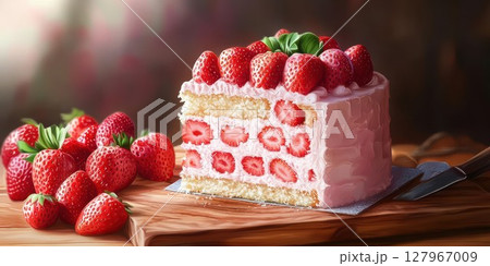 Delicious strawberry cake with layers of cream and fresh strawberries displayed on a wooden board 127967009