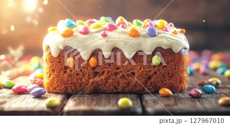 Delightful cake topped with colorful candies on a rustic wooden table in a warm, inviting setting Delightful cake topped with colorful candies on a rustic wooden table in a warm, inviting setting 127967010