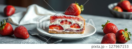 Delicious strawberry dessert served on a plate with fresh strawberries and a dusting of powdered sugar Delicious strawberry dessert served on a plate with fresh strawberries and a dusting of powdered sugar 127967153