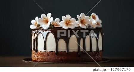 Beautiful gourmet cake topped with white flowers and chocolate glaze is perfect for celebrations and special occasions 127967179