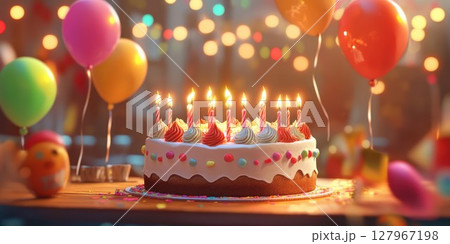 Celebrate a joyful birthday party with colorful balloons, cake, and festive decorations in a lively atmosphere 127967198