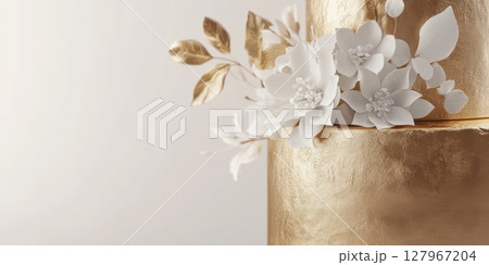 Elegant gold and white cake decorated with floral accents for a special celebration 127967204