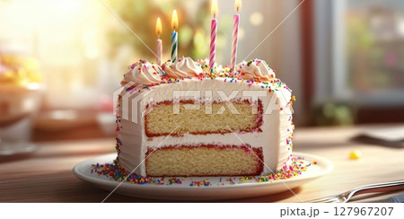 Colorful birthday cake with candles and sprinkles displayed on a table at a festive gathering 127967207