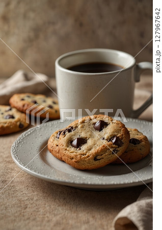 chocolate chip cookies and coffee 127967642
