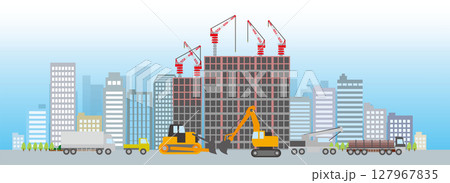 建設中のビル街を走るショベルカーのイラスト:フラットデザイン 建設中のビル街を走るショベルカーのイラスト:フラットデザイン 127967835