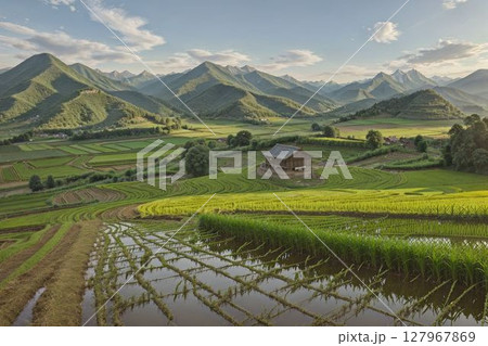 棚田に映る風景 127967869