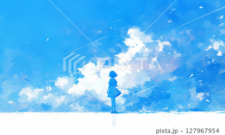 澄み渡る青空と女子学生 127967954