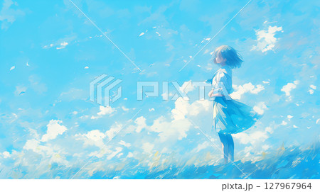 澄み渡る青空と女子学生 127967964