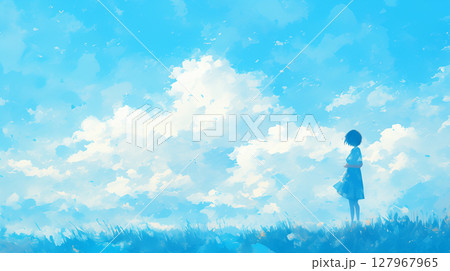 澄み渡る青空と女子学生 澄み渡る青空と女子学生 127967965