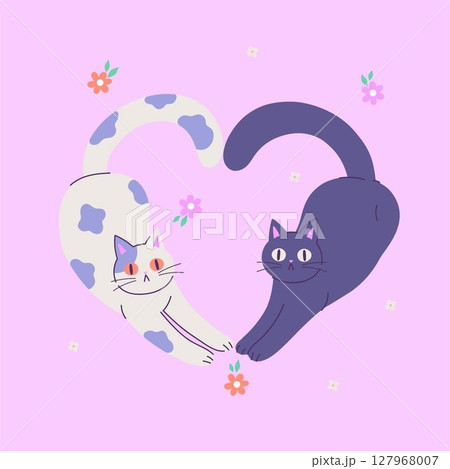 Two cute cats lying in the shape of a heart. Vector graphics 127968007