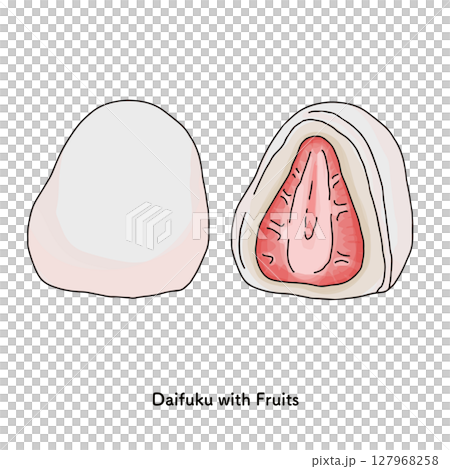 和菓子＿フルーツ大福いちごの線画　手描きのイラスト 127968258