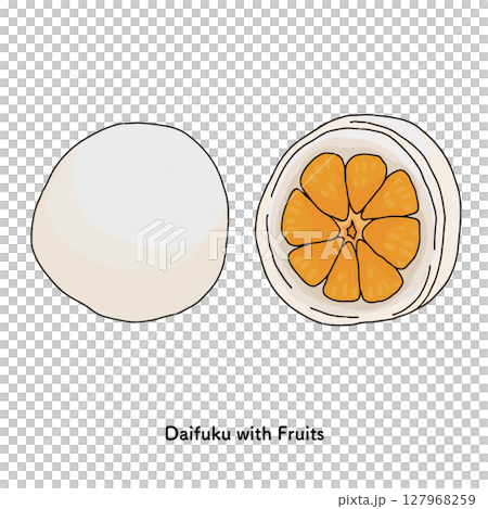 和菓子＿フルーツ大福みかんの線画　手描きのイラスト 127968259