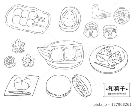 いろいろな和菓子の線画のイラストセット　 127968261