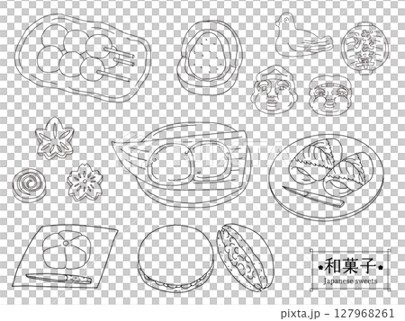 いろいろな和菓子の線画のイラストセット　 127968261