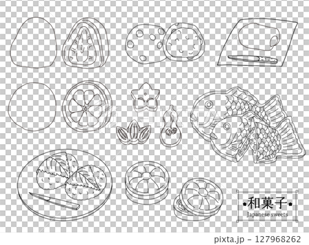 A set of line drawings of various Japanese sweets 127968262