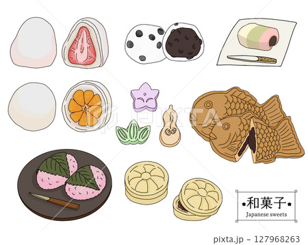 いろいろな和菓子の線画のイラストセット　 127968263