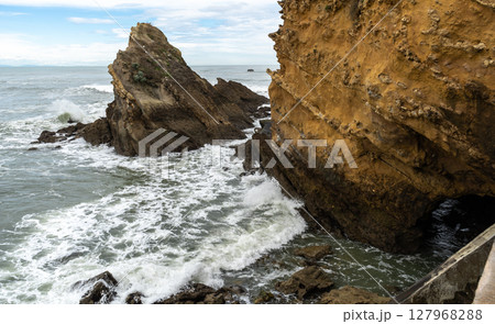 Coastal rocks and yellow cliff at the Atlantic shore 127968288