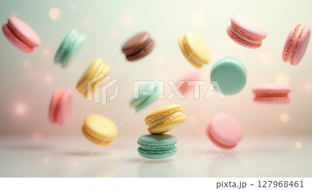 colorful assorted macarons in playful motion 127968461