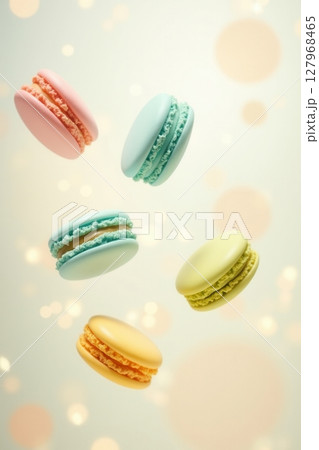 colorful assorted macarons in playful motion 127968465