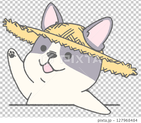 French bulldog (pied) wearing a straw hat raising his hand French bulldog (pied) wearing a straw hat raising his hand 127968484