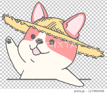 French bulldog (pied, red) wearing a straw hat raising his hand French bulldog (pied, red) wearing a straw hat raising his hand 127968486